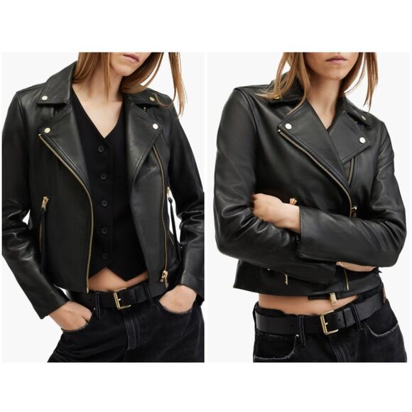 ALLSAINTS Dalby Black Leather Biker Jacket Women’s Size 10 US All Saints - Picture 2 of 7